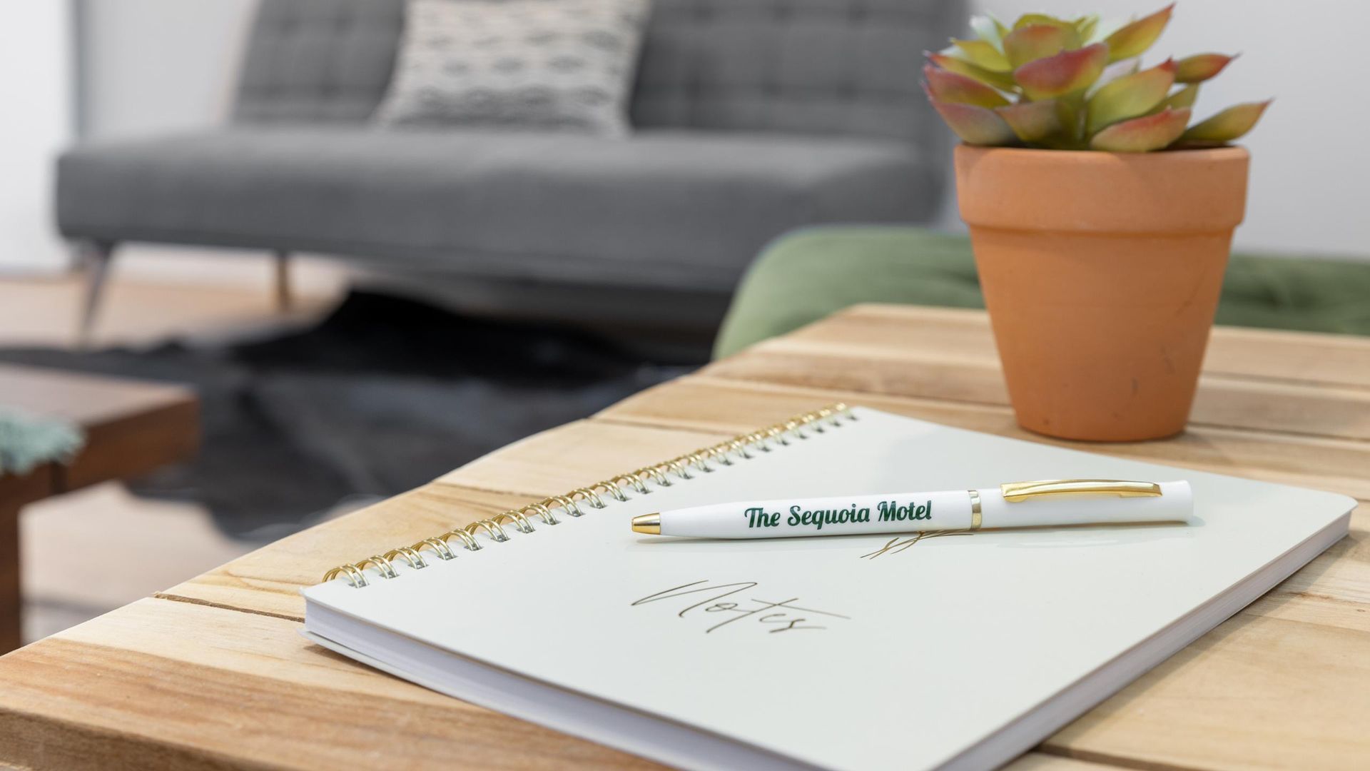Notebook with pen on a wooden table, potted plant in the background, couch visible.