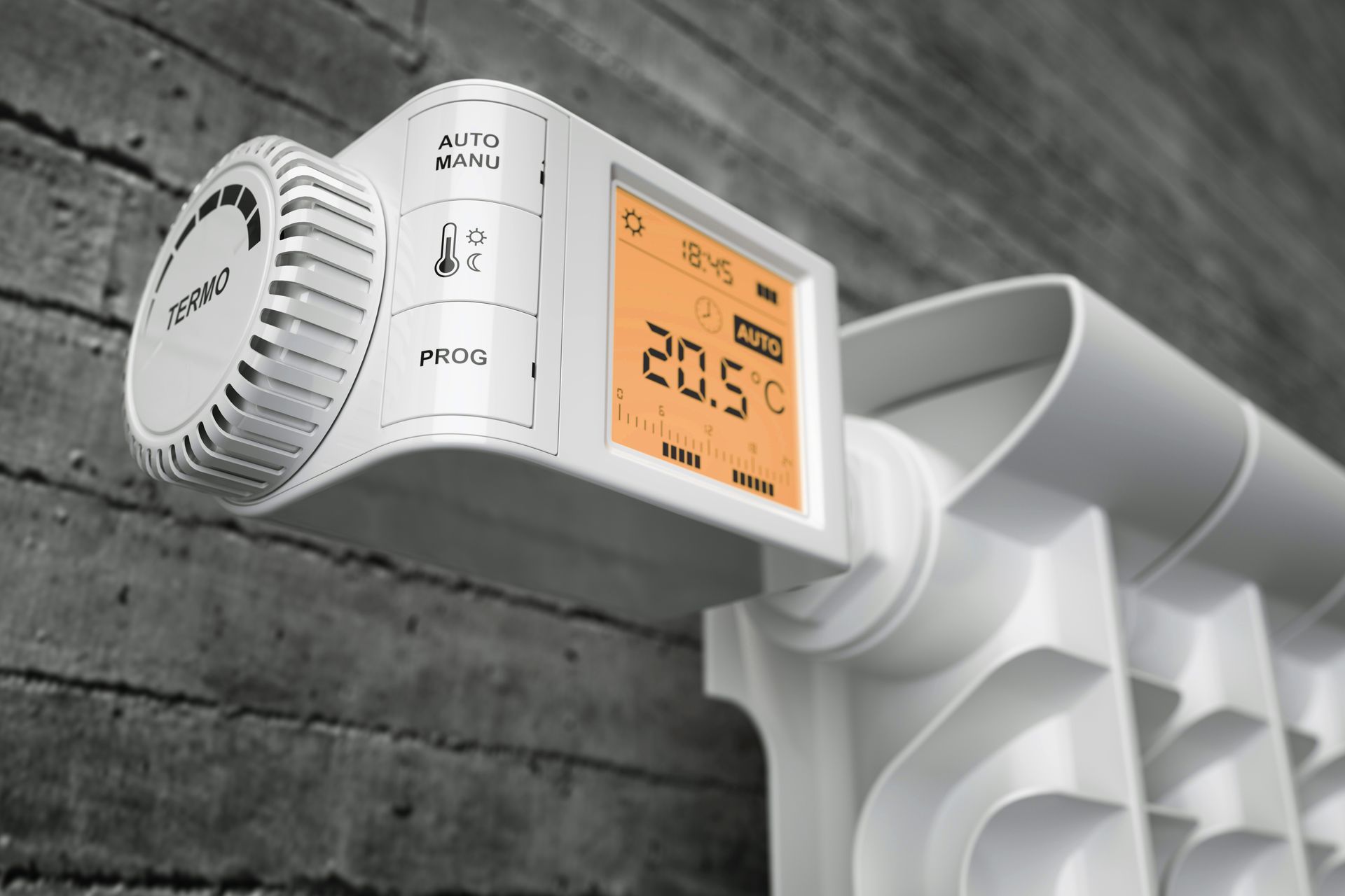 Thermostat intelligent blanc sur un radiateur blanc avec affichage numérique indiquant 20,5 degrés.