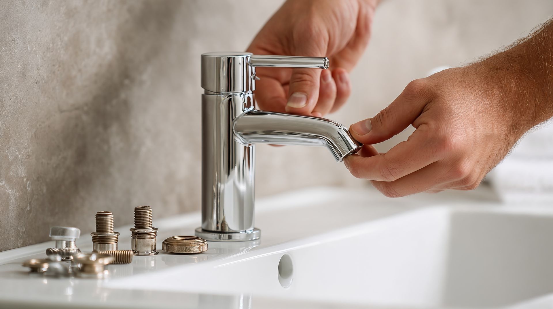 Une personne installe un robinet chromé sur un lavabo de salle de bains.