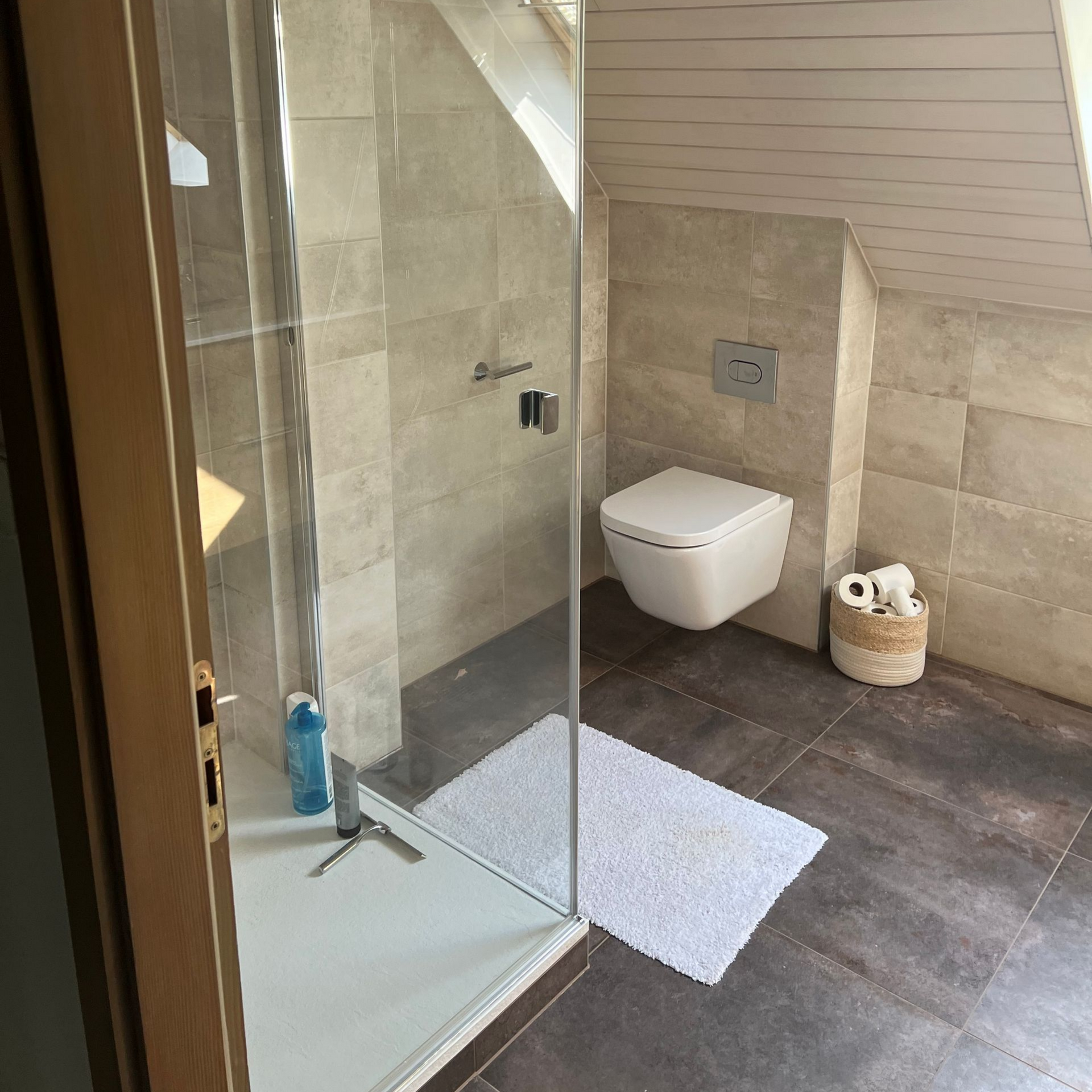 Salle de bains avec douche en verre, toilettes et panier à papier toilette.