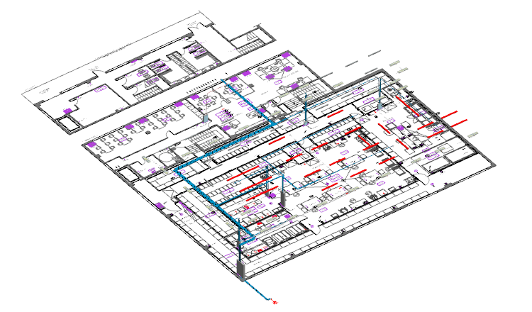 Un plano tridimensional de un edificio con una línea azul que lo atraviesa.