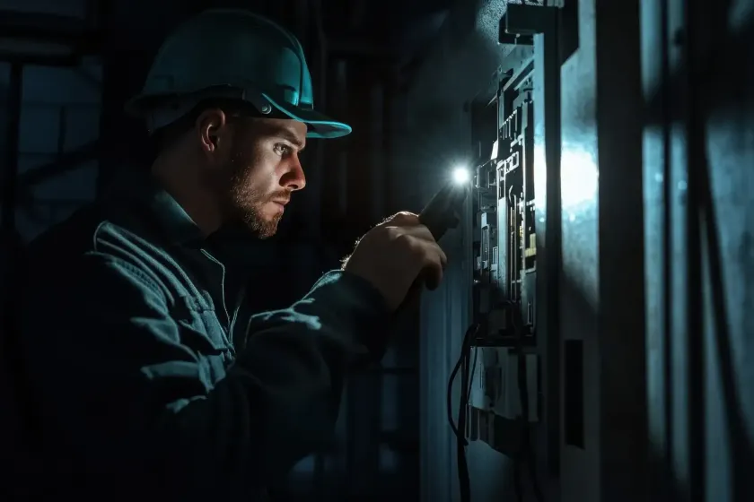 Un técnico con linterna examina el panel eléctrico en una habitación con poca luz.