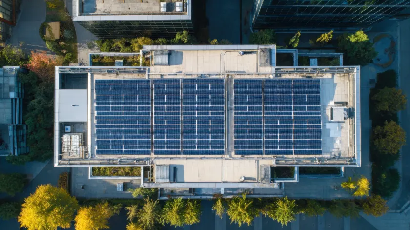 Vista aérea de la azotea de un edificio cubierta con paneles solares azules, rodeada de árboles y una zona pavimentada.