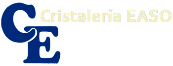 Logotipo de Cristaleria EASO con un gran monograma azul "CE" a la izquierda y el nombre de la empresa en texto beige a la derecha.