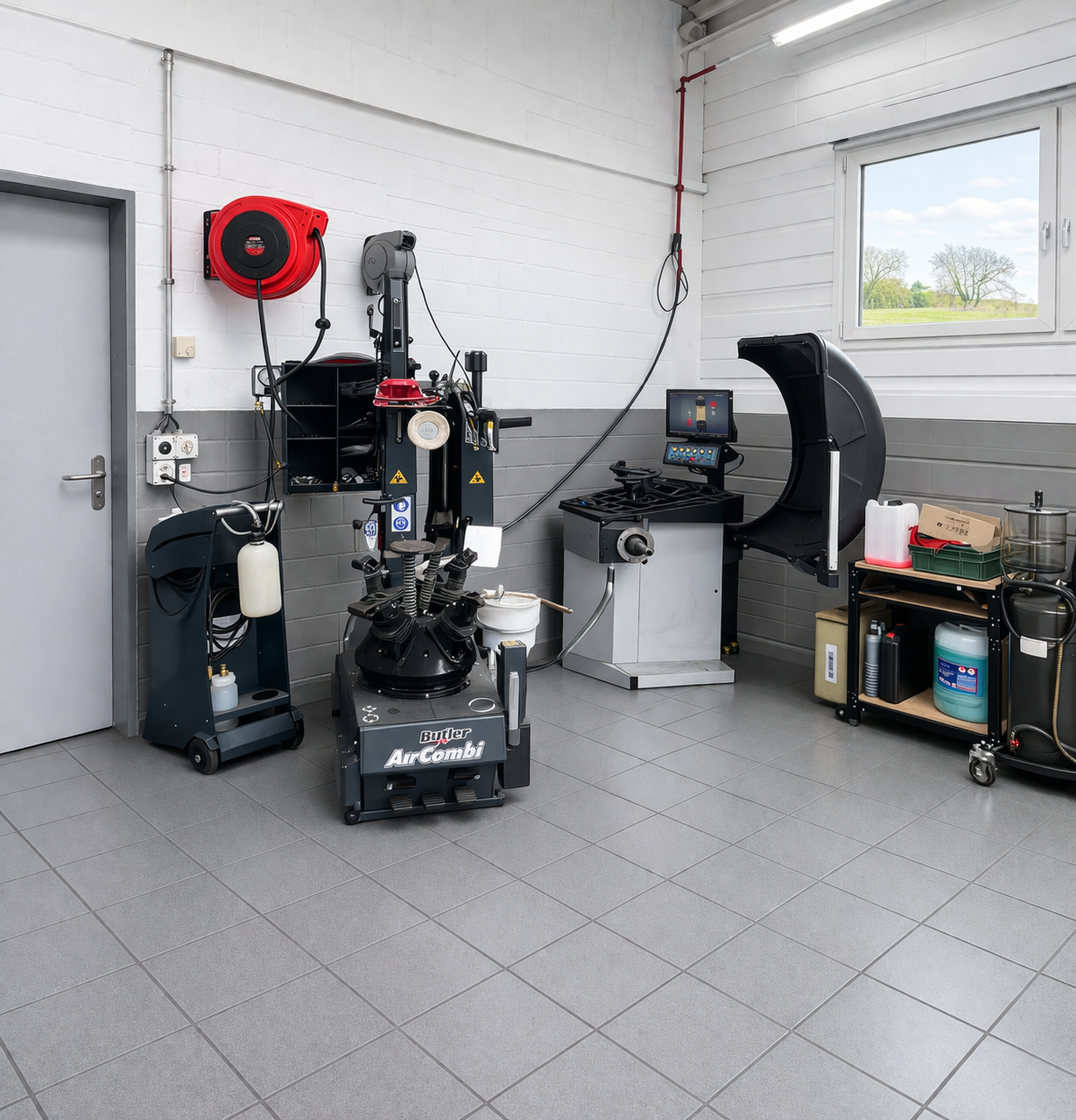 Innenansicht einer Reifenservicestation mit Reifenmontiermaschine, Radwuchtmaschine, an der Wand montierter Luftschlauchtrommel und Werkzeugen auf einem Wagen.