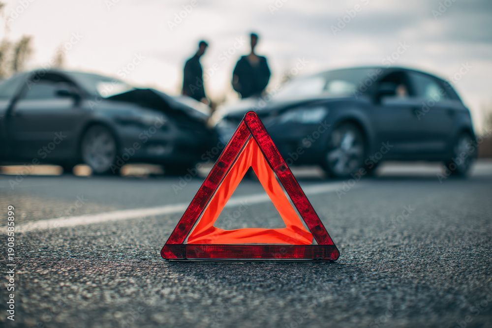 Auf der Strasse vor zwei in einen Unfall verwickelten Autos steht ein rotes reflektierendes Warndreieck; dahinter befinden sich zwei Personen.