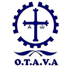 Logotipo azul: cruz dentro de un engranaje, con texto