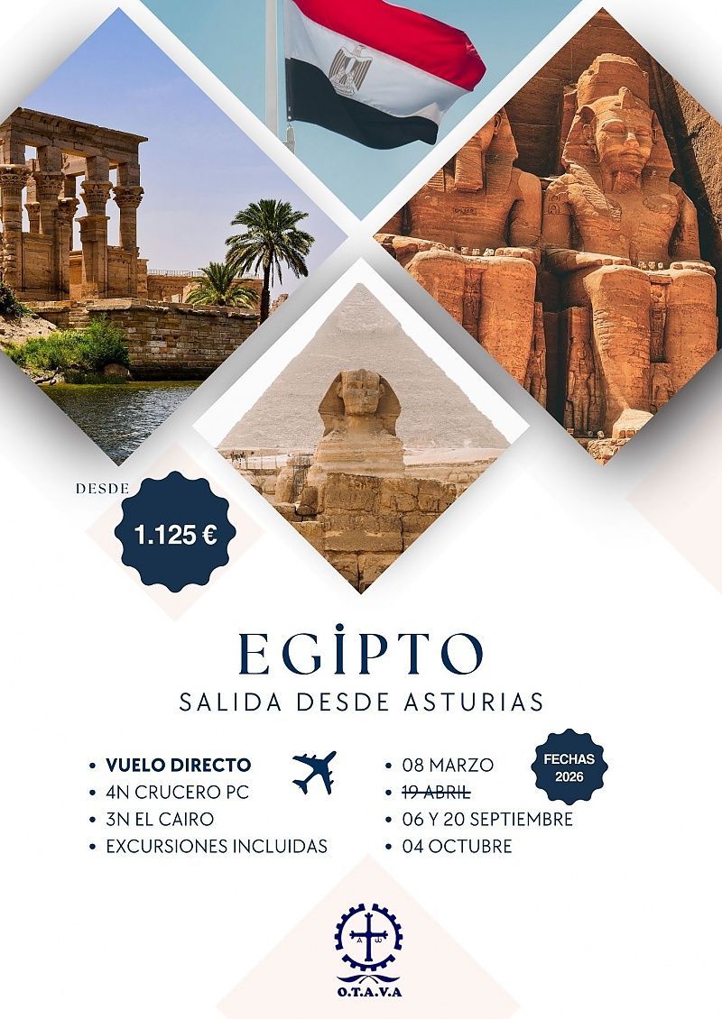 Folleto de viaje a Egipto. Incluye fotos de lugares emblemáticos, la bandera egipcia y un precio de 1125 euros.