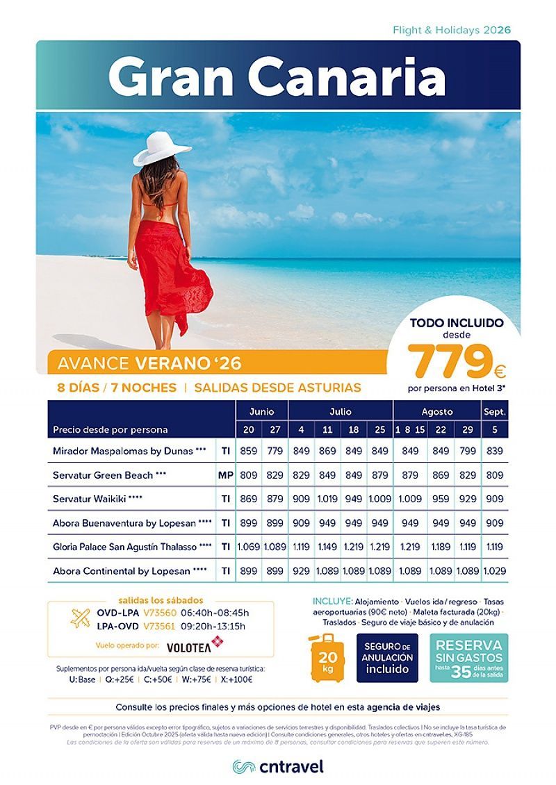 Anuncio de Gran Canaria. Mujer en la playa con pareo rojo. Texto: 