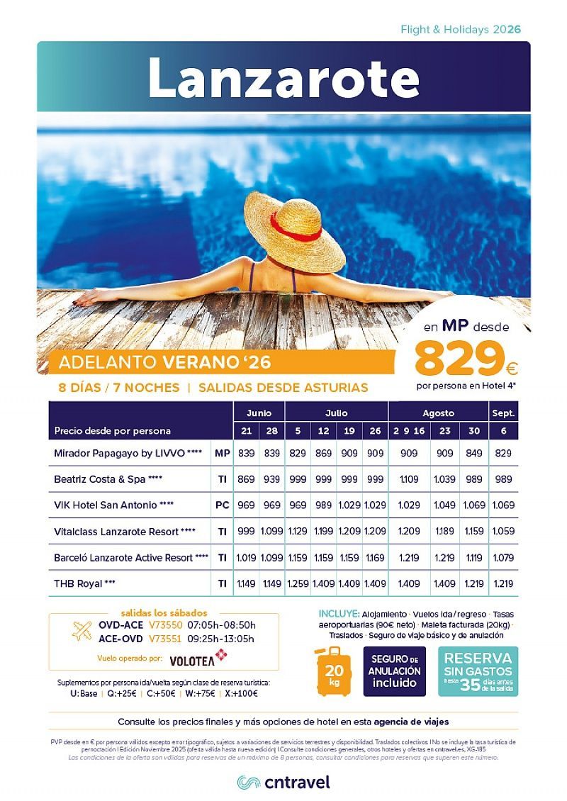 Anuncio de vacaciones en Lanzarote. Mujer con sombrero de paja relajándose junto a una piscina. Precio: 829 € por persona.