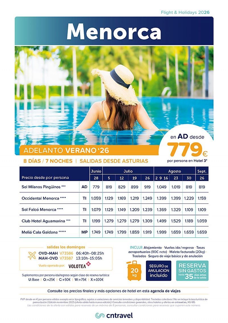Anuncio de viaje a Menorca. Mujer en piscina con sombrero de paja. Precios para 8 días y 7 noches desde Asturias.