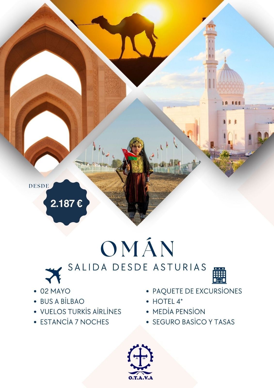 Anuncio de viaje a Omán, salida desde Asturias: incluye imágenes de un camello, una mezquita y un niño con un traje tradicional.