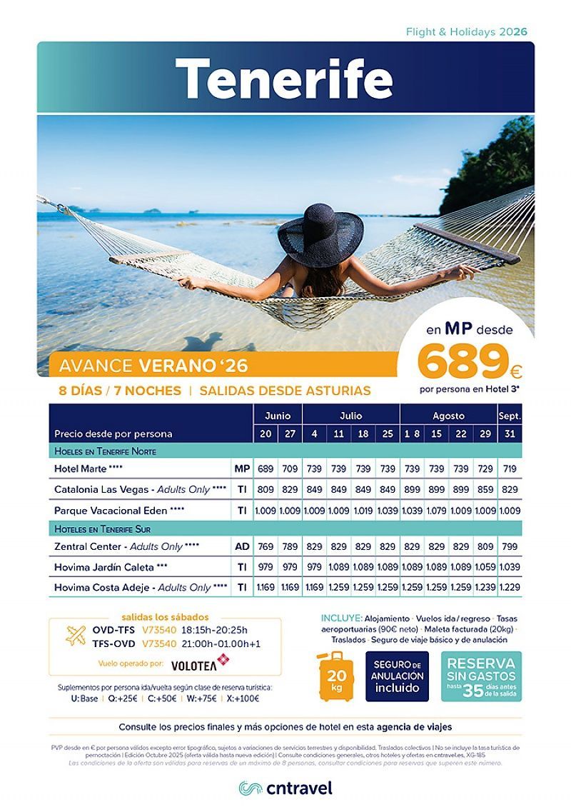 Anuncio de viaje a Tenerife con escena de playa. Precio: 689 €. Vuelos desde Asturias.