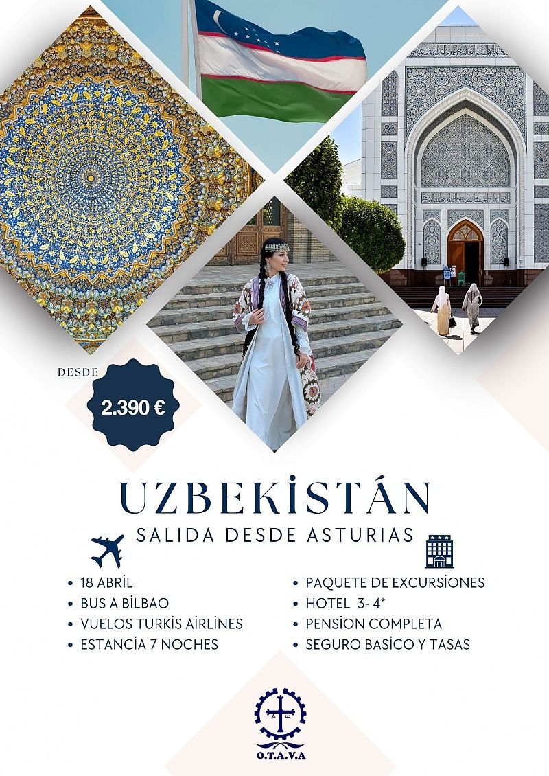 Anuncio de viaje a Uzbekistán: mosaico, bandera, mezquita, mujer, texto. Precio: 2890 €, salida desde Asturias.