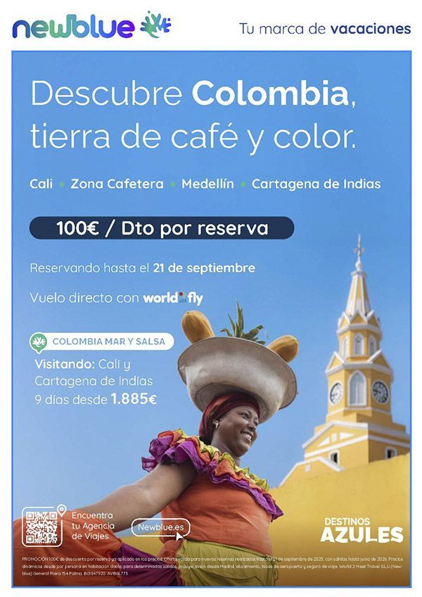 Anuncio de viaje: Mujer llevando cuenco en la cabeza, promoción Colombia, destinos: Cali, Cartagena, Medellín.