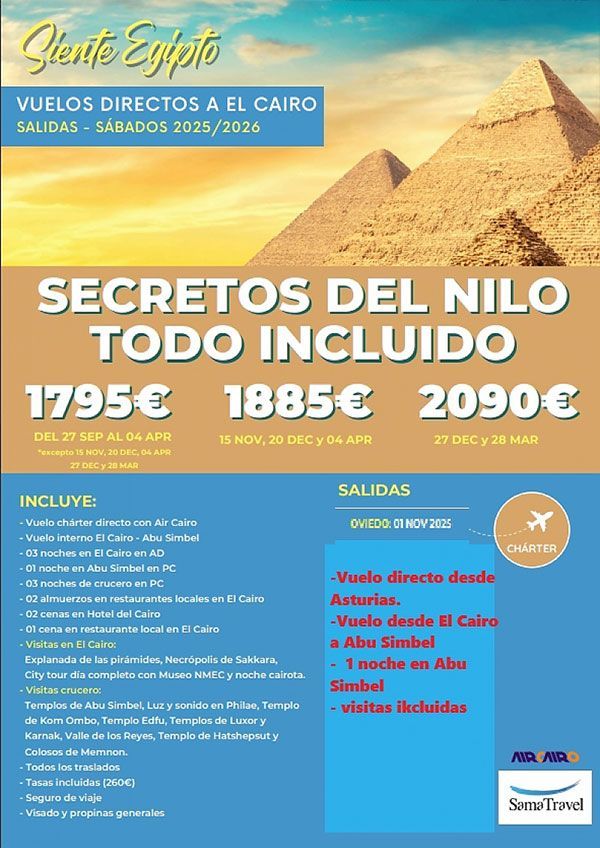 Anuncio de viaje para un viaje a Egipto con vuelos, pirámides, texto y precios.