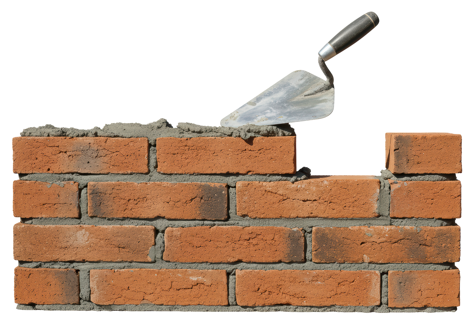 Mur de briques en construction avec une truelle détourée