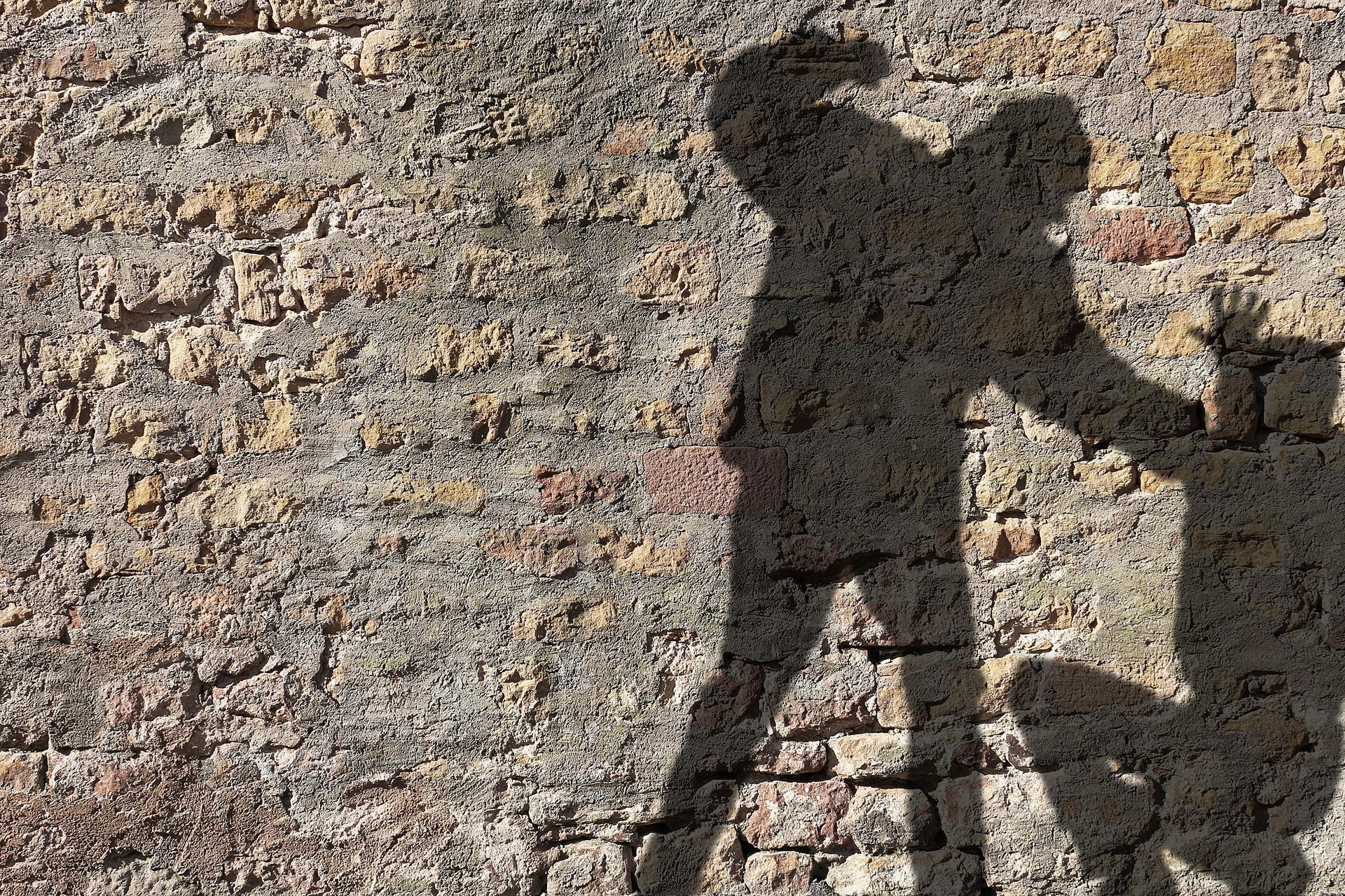 Der Schatten eines Mannes und eines Hundes auf einer Backsteinmauer.