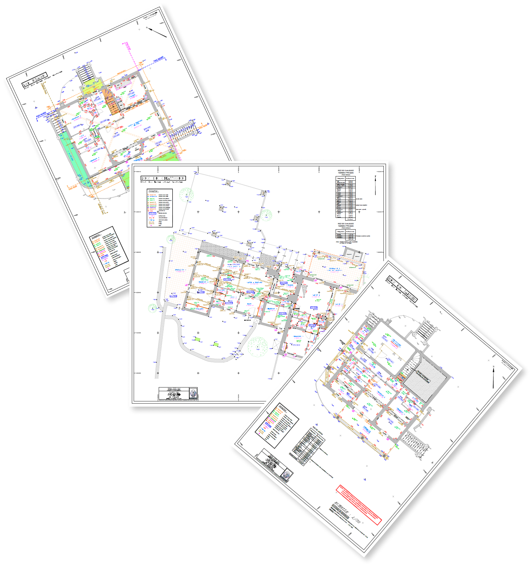 Trois plans d'intérieur de maison superposés