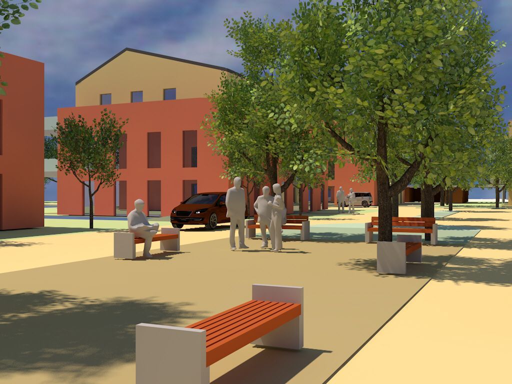 Eine künstlerische Darstellung eines Parks mit Bäumen und Bänken