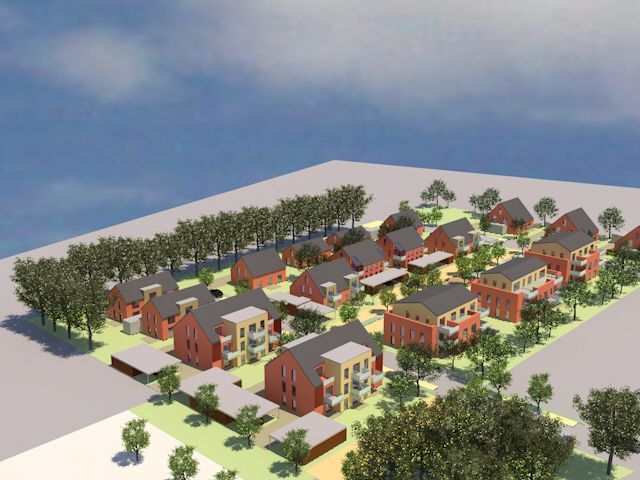 Eine Luftaufnahme eines Wohngebiets mit Häusern und Bäumen