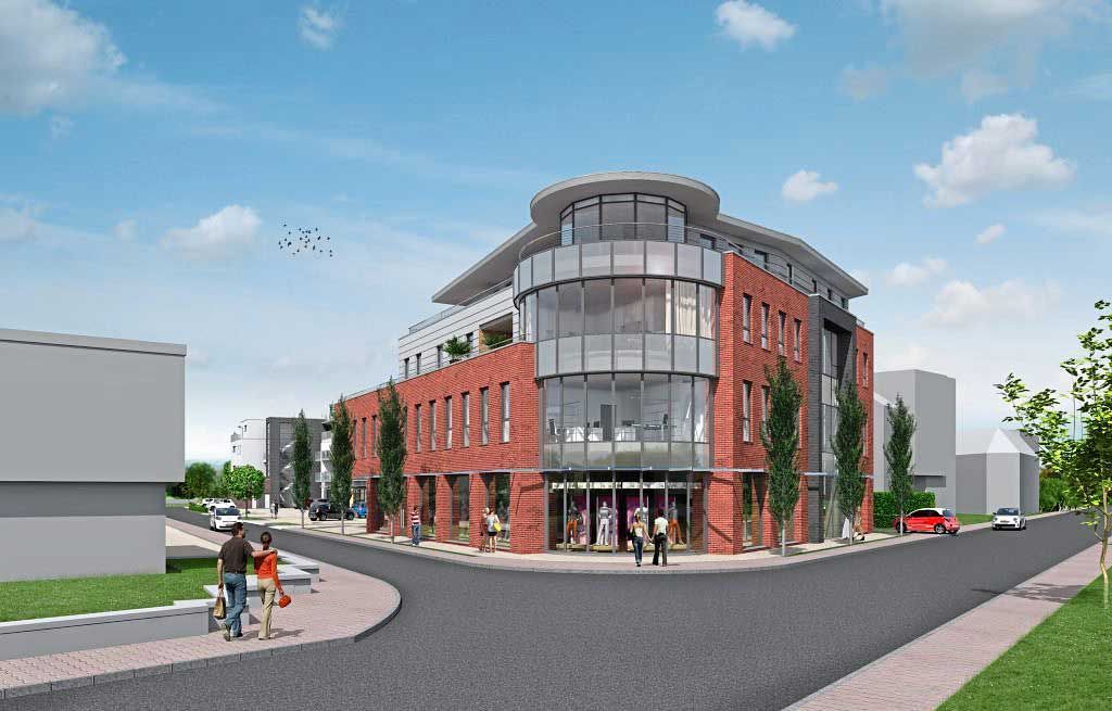 Eine künstlerische Darstellung eines großen Gebäudes mit vielen Fenstern.