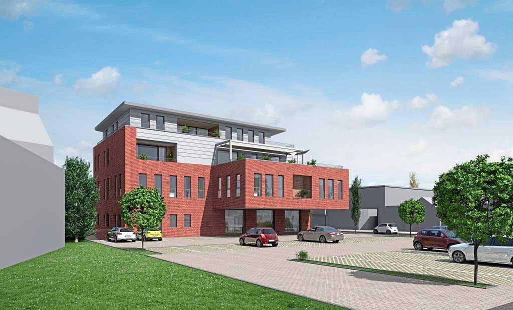 Eine künstlerische Darstellung eines Backsteingebäudes mit davor geparkten Autos.