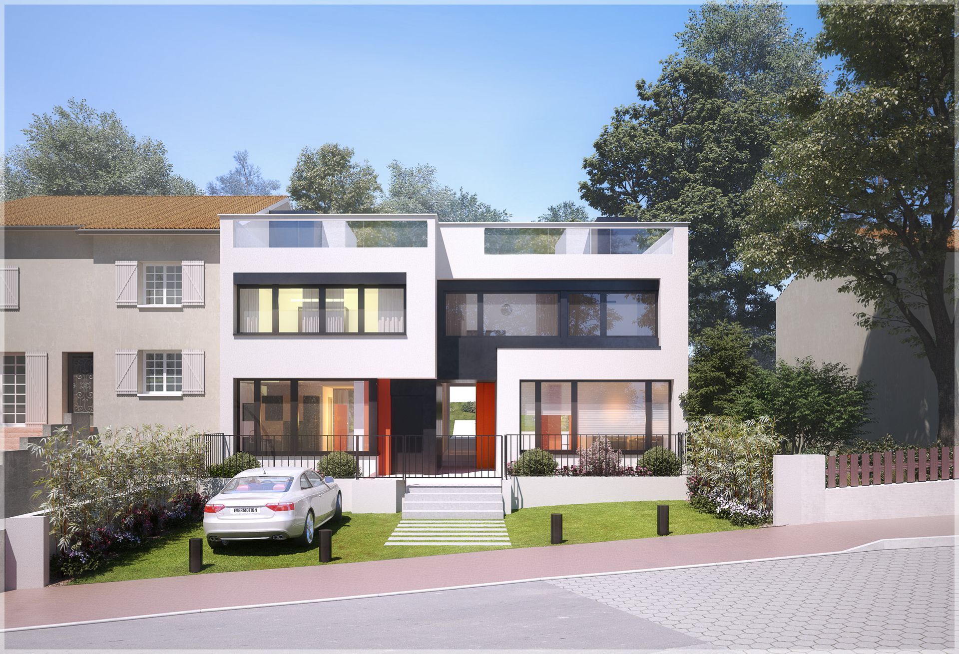 Maison moderne en 3D vue de l'extérieur