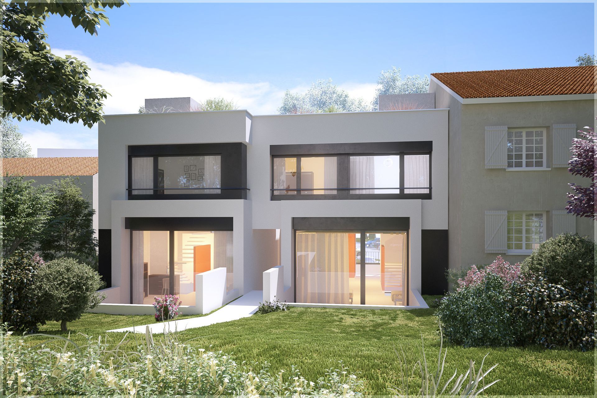 Maison moderne en 3D vue de dos