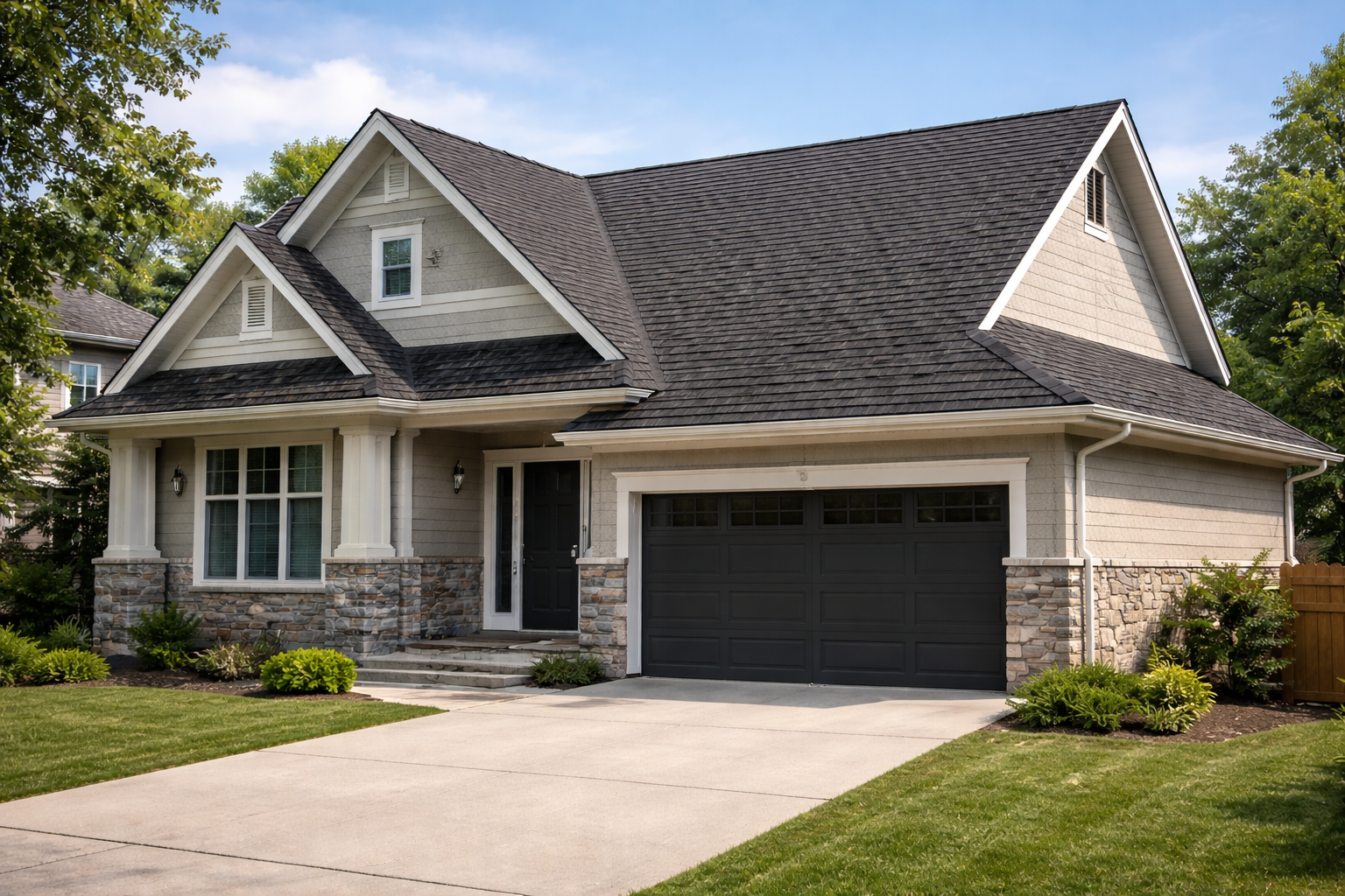 Une maison beige à deux étages avec un toit en bardeaux gris, des éléments en pierre.