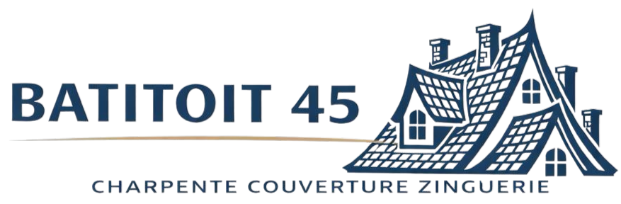 Logo pour Batitoit 45 présentant une illustration d'un toit de maison bleu foncé avec le texte .