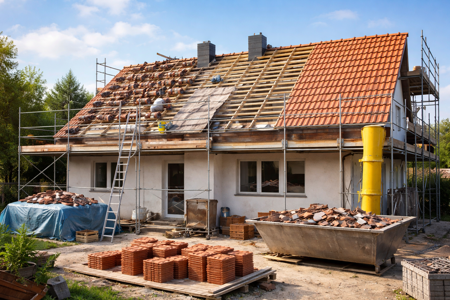 Une maison en rénovation avec des échafaudages, un toit partiellement décapé.