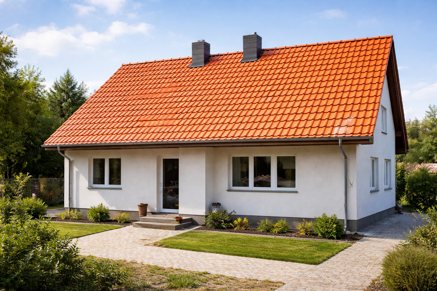 Une maison blanche au toit de tuiles rouges, avec deux cheminées et un chemin.