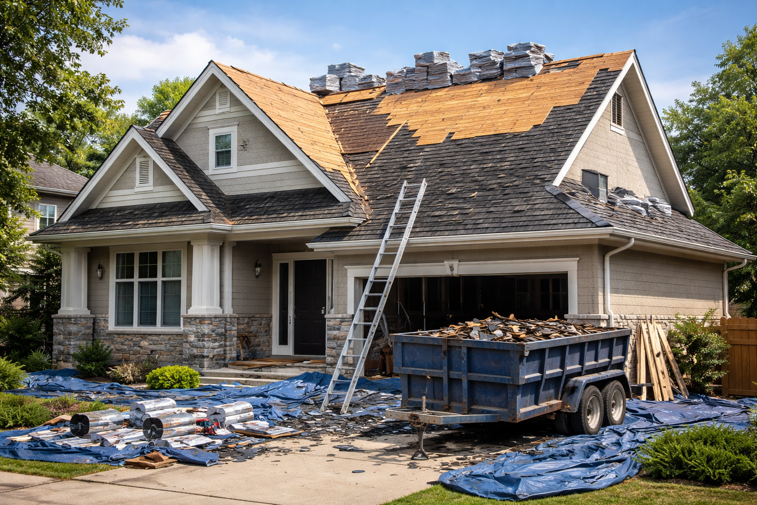 Une maison d'habitation en cours de réfection de toiture, avec une échelle appuyée.