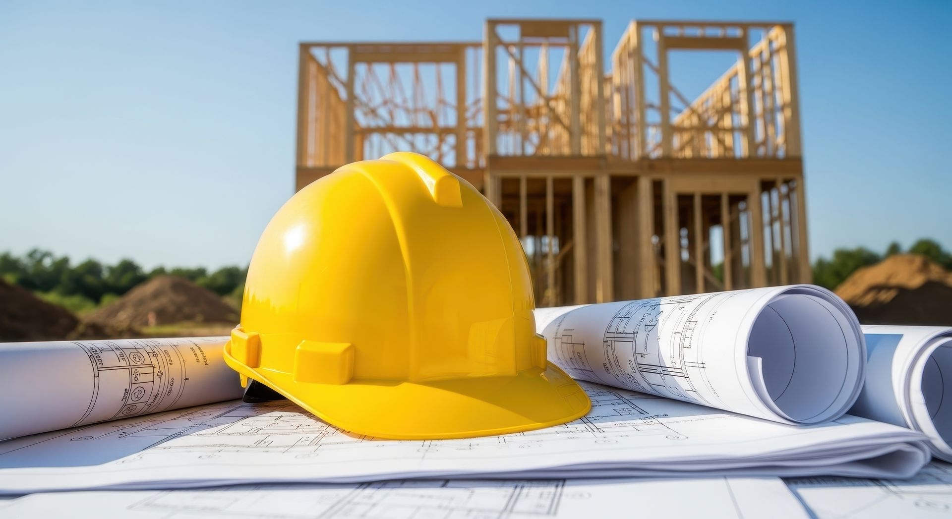 Casque de chantier jaune et maison à ossature en bois