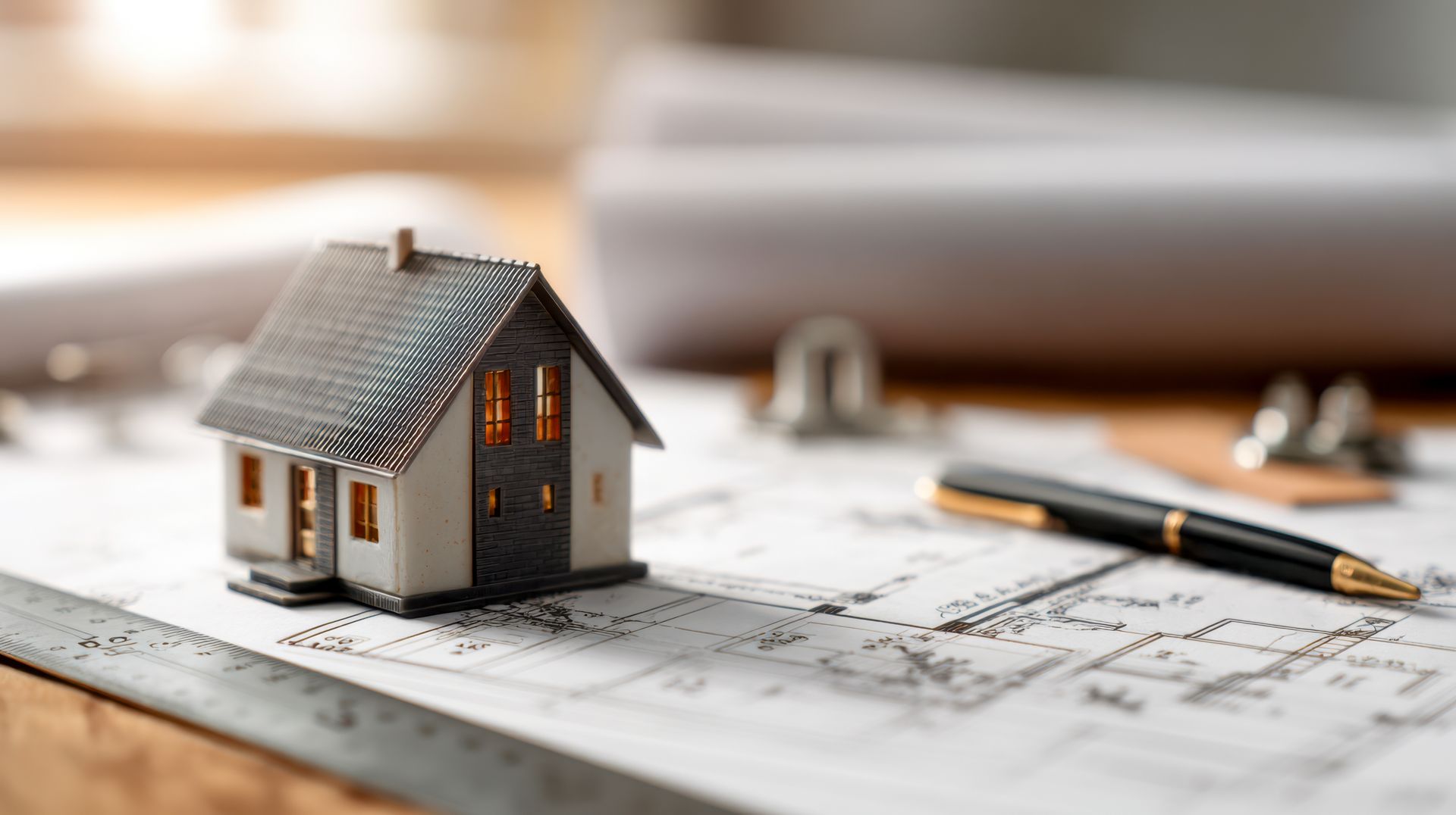 Maquette d'une maison, plans et stylo
