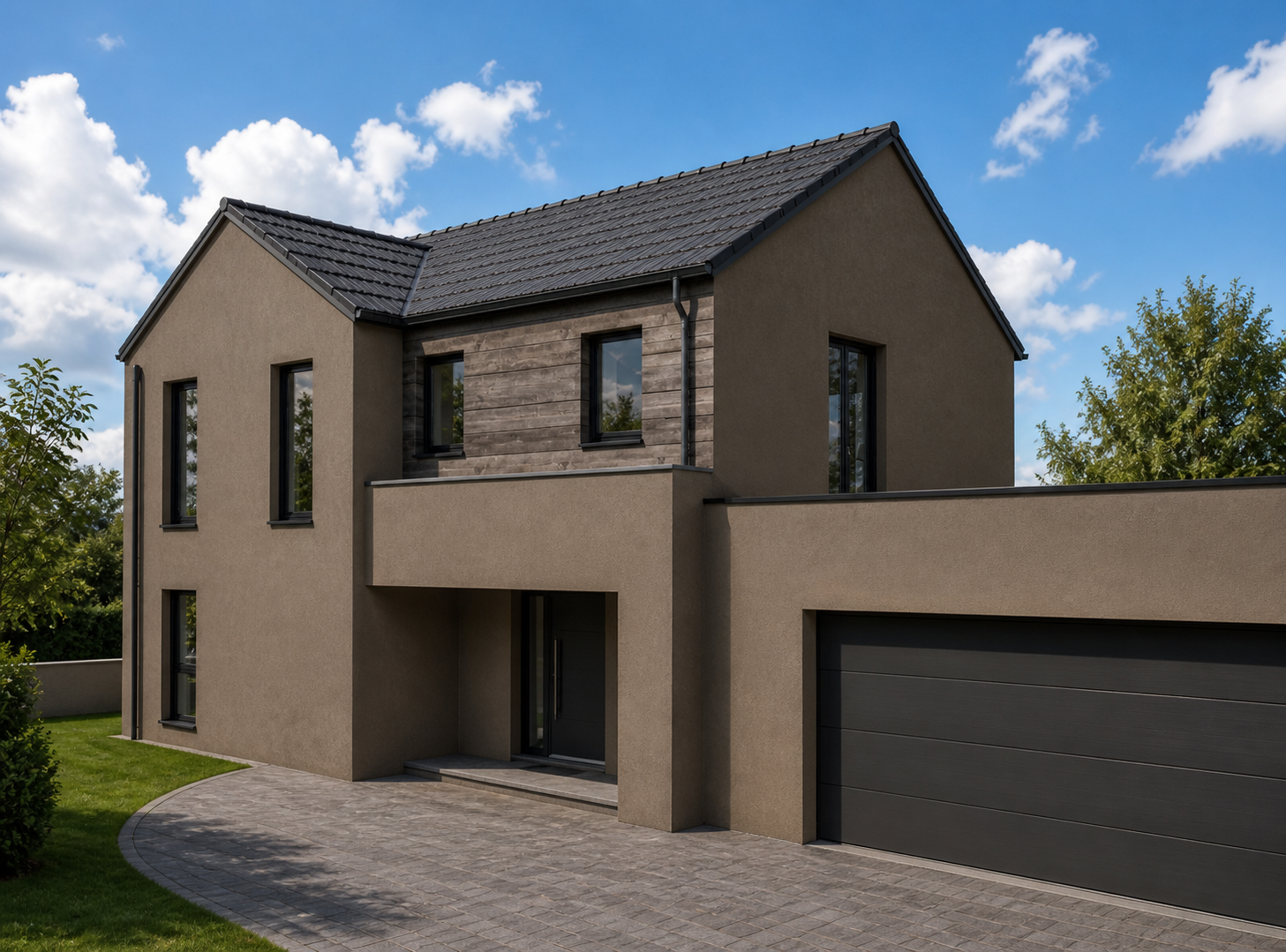 Maison moderne à deux étages avec un toit de tuiles foncées, des accents de pierre et un garage attenant sous un ciel bleu