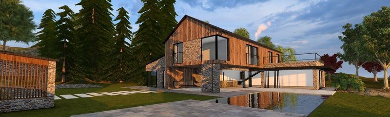 Plan 3D d'une maison avec une façade en pierre et bois