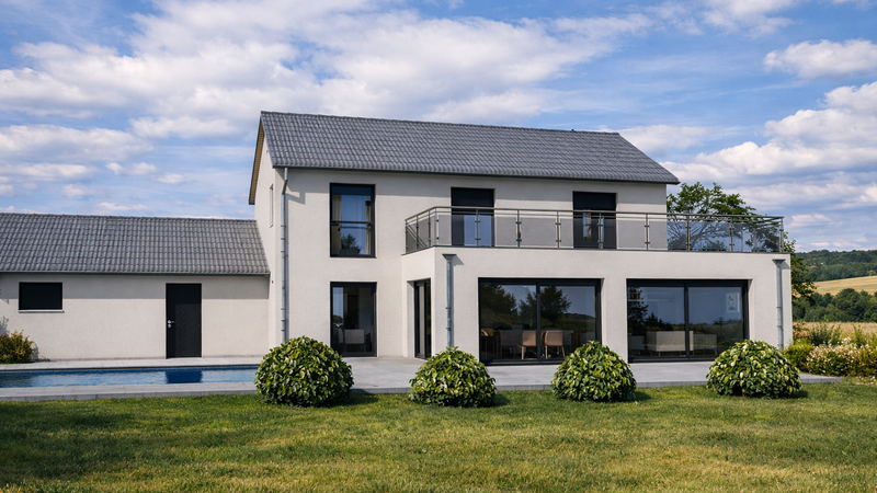 Une maison moderne de deux étages, de couleur beige clair, avec un toit de tuiles grises