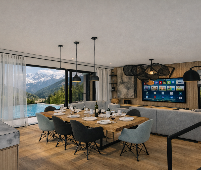Une salle à manger moderne avec une table en bois