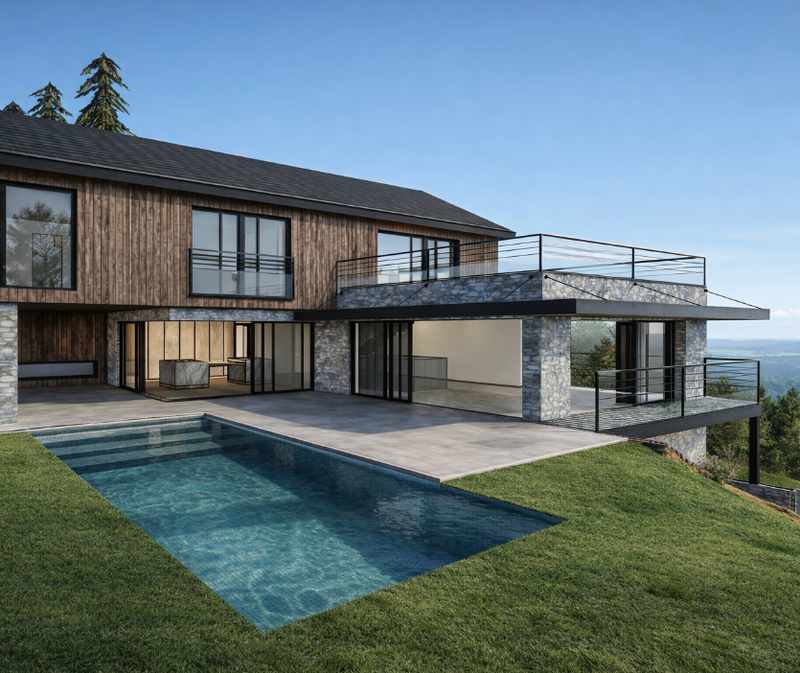 Une maison moderne de deux étages avec un revêtement en bois