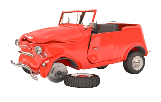 Voiture décapotable rouge endommagée dans un accident ; pneu avant détaché.