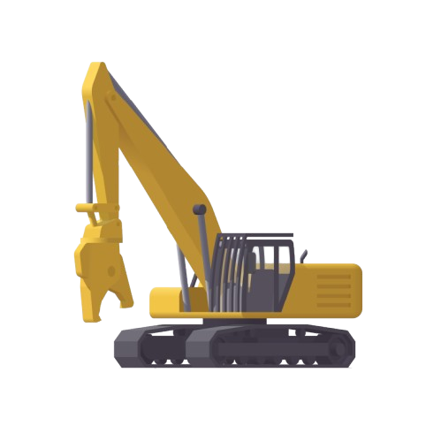 Pelle mécanique jaune à bras articulé sur fond blanc.