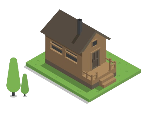 Vue d'une cabane brune sur de l'herbe verte, avec deux arbres verts à gauche.