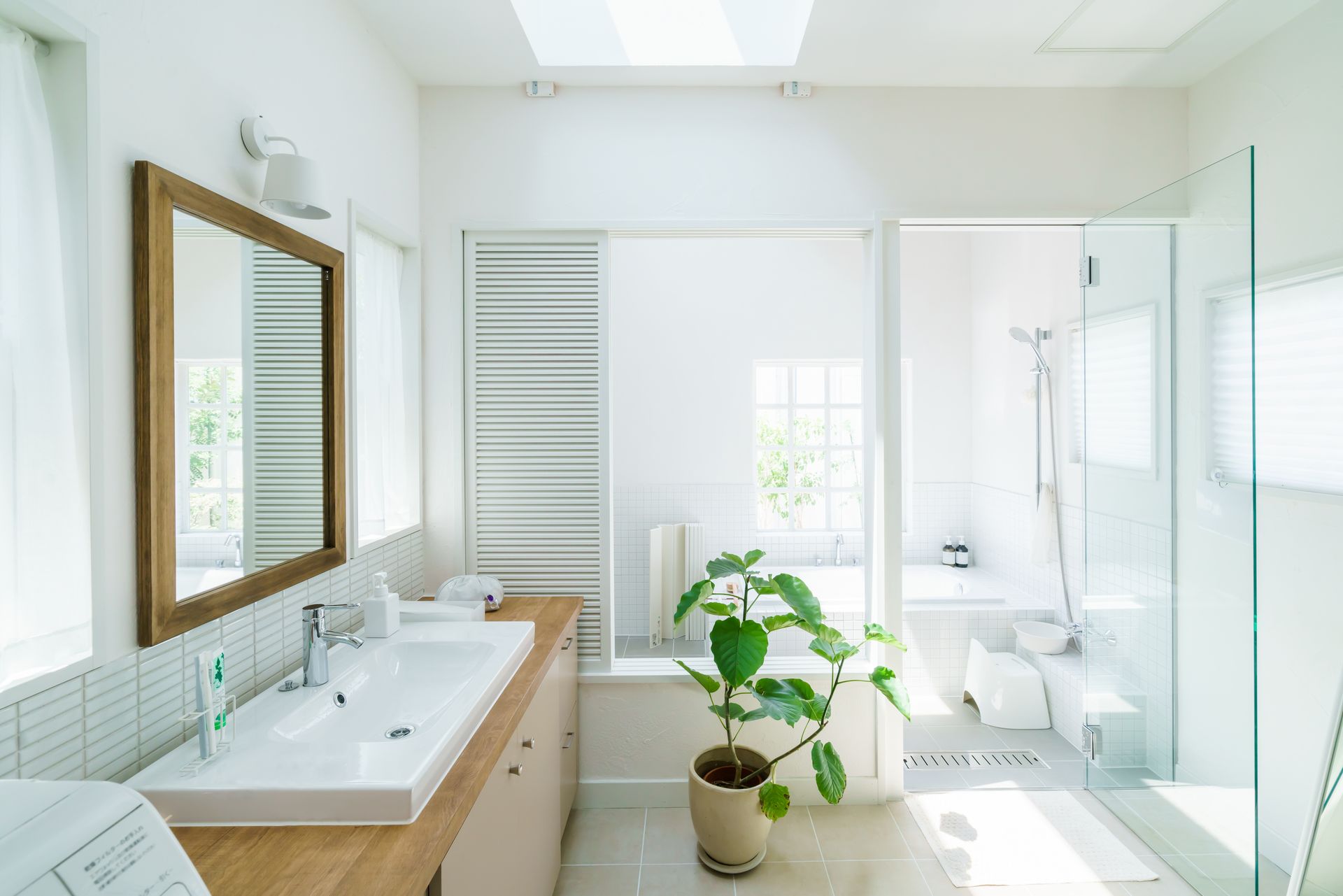 Salle de bains blanche et lumineuse avec lavabo, miroir, douche et plante en pot.