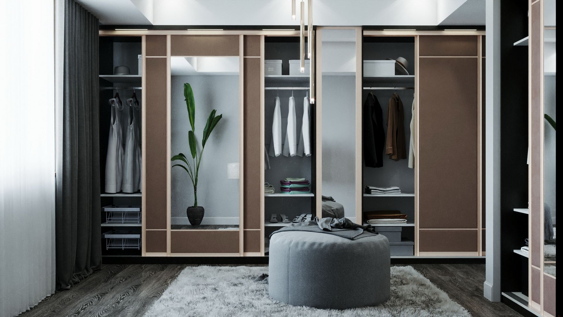 Placard moderne avec portes marron et miroir ; pouf gris et tapis moelleux sur parquet.