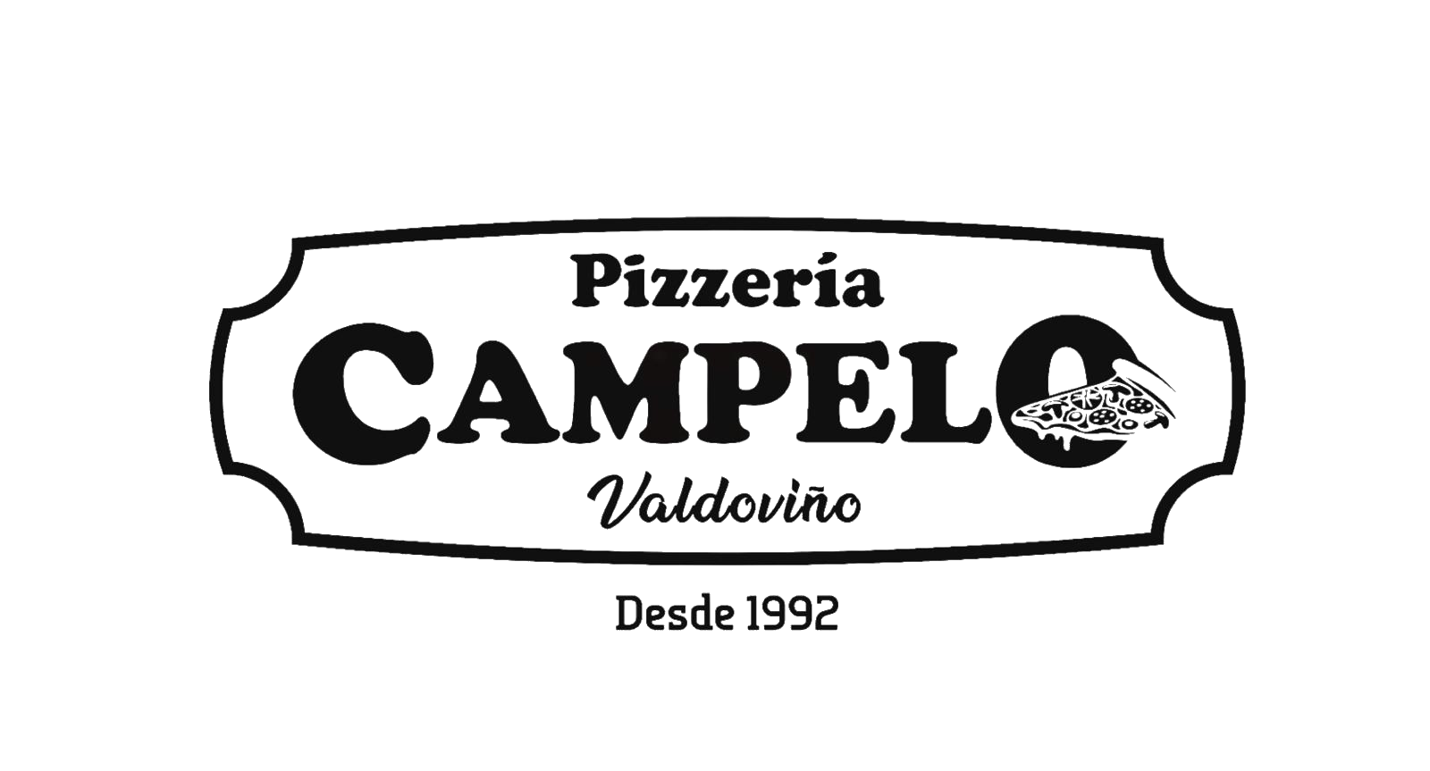 Logotipo para Pizzería Campelo en blanco y negro. El texto incluye "Pizzería Campelo Valdoviño" y "Desde 1992".