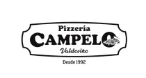 Logotipo para Pizzería Campelo en blanco y negro. El texto incluye "Pizzería Campelo Valdoviño" y "Desde 1992".