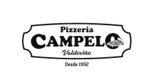 Logotipo para Pizzería Campelo en blanco y negro. El texto incluye "Pizzería Campelo Valdoviño" y "Desde 1992".