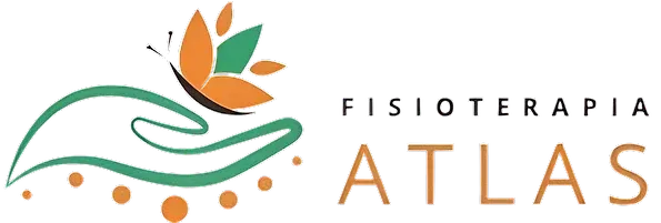 Un logotipo para atlas fisioterapia con una mano sosteniendo una flor y una mariposa.